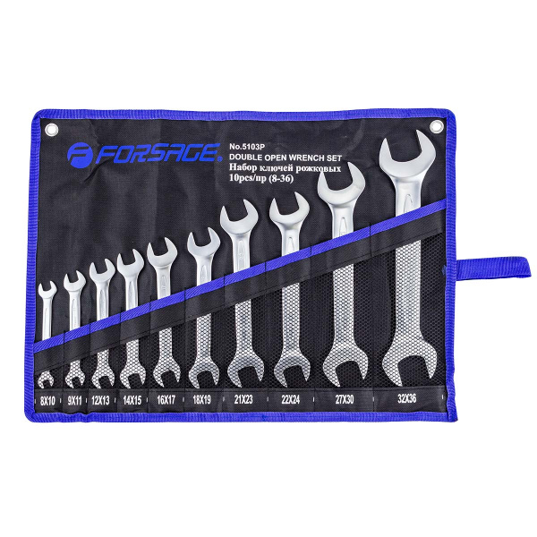 Набор ключей рожковых,10пр.(8х10,9х11,12х13,14х15,16х17,18х19,21х23,22х24,27х30,32х36мм),на полотне