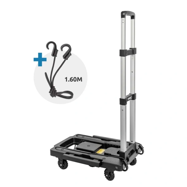 Тележка платформенная складная с телескопической ручкой+2крюка на эластичных ремнях L-1.6м(500х315/370мм,ручка 410-790мм,max нагр.140кг,5 колес)