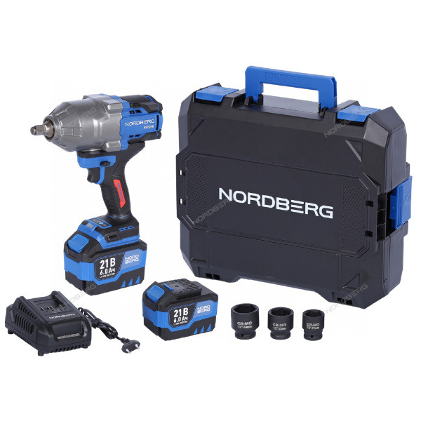Гайковерт аккумуляторный NORDBERG NE806K-1/2 (1/2", 21 В, 1500 Нм с двумя 6 A аккум. и зар. уст-вом, в кейсе)