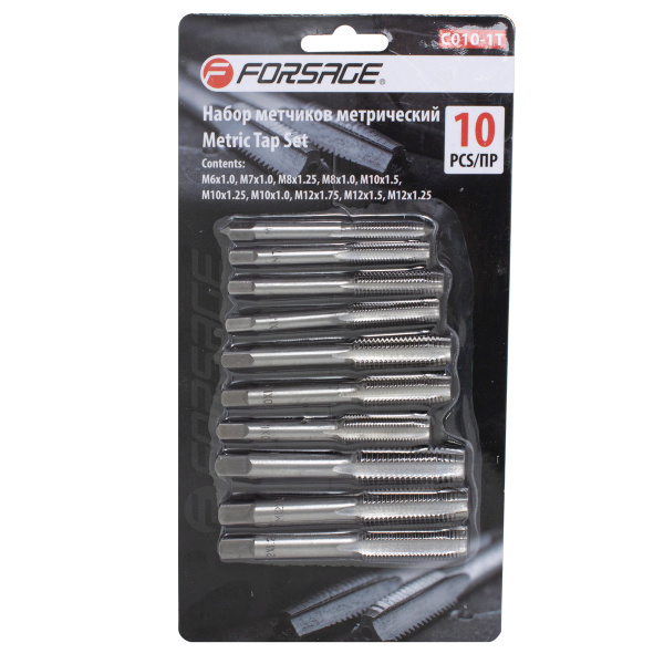 Набор метчиков метрических 10пр.(М6х1.0, М7х1.0, М8х1.0/1.25, М10х1.0/1.25/1.5, М12х1.25/1.5/1.75), в блистере