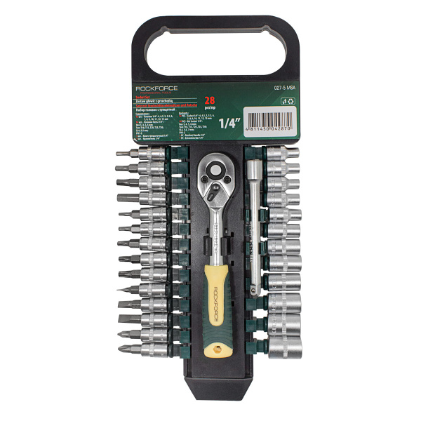Набор головок и бит с трещоткой в пласт. держателе 28пр. 1/4''(4-14мм, 6-гран.)