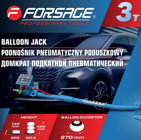 Домкрат подкатной пневматический 3т(h min 145мм, h max 420мм, 3 подушки, Ø270мм)