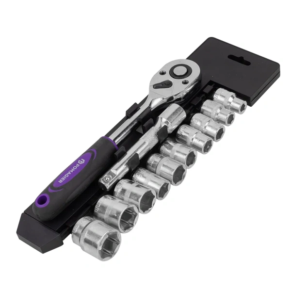 Набор головок с трещоткой и удлинителем 12пр.1/2''(6гр)(8,10,12-15,17,19,21,24мм),в пласт. держателе