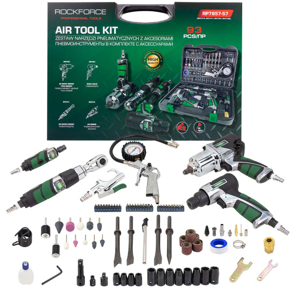 Набор инстр. с аксессуарами57пр(гайковерт-1/2",650н/м,пневмозач.маш.-6мм, 25000об/мин,пневмотрещ.-1/2",68н/м,пневмозубило,подкачка, прод)-RF-RP7857-57