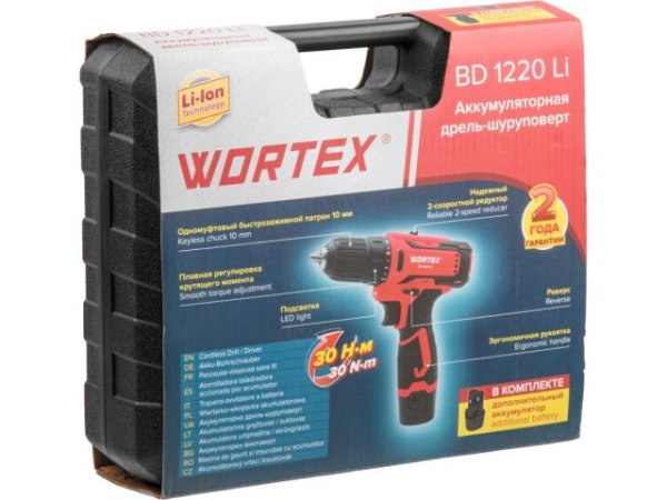 Аккум. дрель-шуруповерт WORTEX BD 1220 Li в чем. 12 В, 30 Н*м, 2х1.5 А*ч, БЗП 10 мм