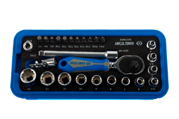 Набор торцевых головок с принадлежностями 1/4", двенадцатигранные, 4-14 мм, 27 предметов KING TONY 2027MRE