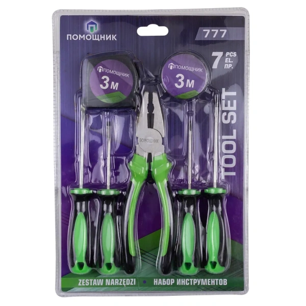 Набор инструментов 7пр.(отвертки:PH0х75мм,PH1x100мм, SL4.5х75мм, SL4.5х100мм, изолента, рулетка, плоскогубцы 200мм),в блистере