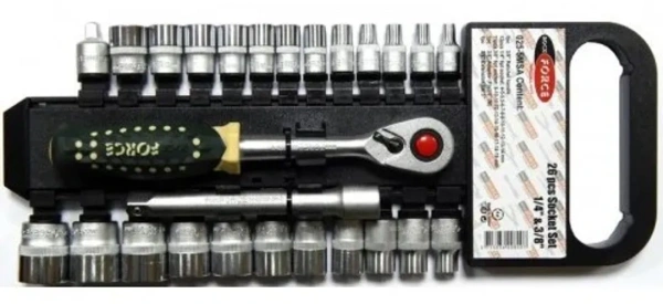 1/4''& 3/8''Набор головок и бит с трещоткой в пластиковом держателе 26пр. (6гр.)(10-19мм)
