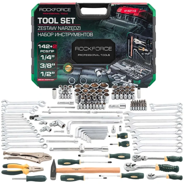 Набор инструментов 142+2пр. 1/4'', 3/8'', 1/2''(6гр.,12гр.)