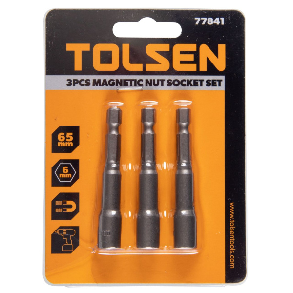 Набор головок для шуруповерта шестигранных 1/4" 6 мм 65 мм магнитных 3 предмета TOLSEN TT77841