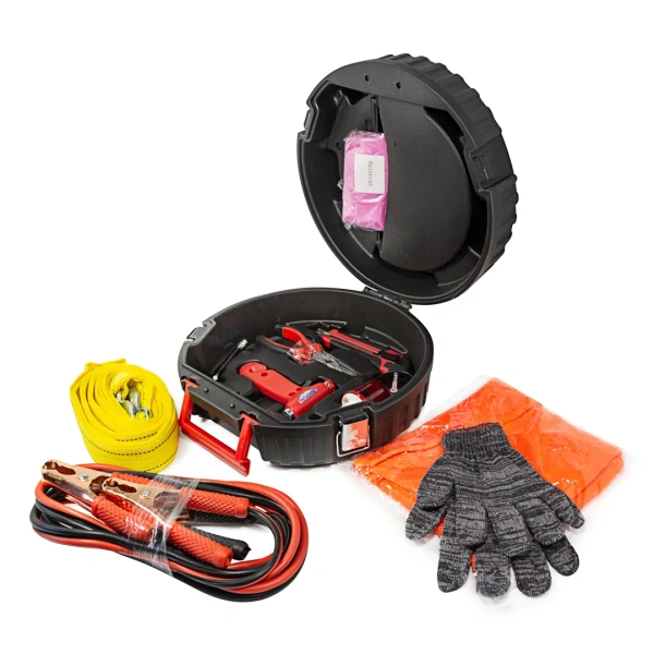 Набор инструментов ''в дорогу''14пр.(трос,стартовые провода,перчатки,жилет,нож,отвертка,изолента,утконосы,молоток,сигнальный фонарь), кейс ''колесо''