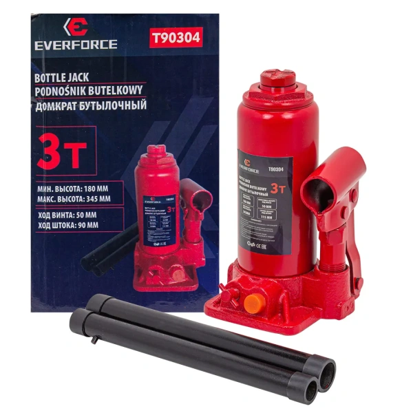 Домкрат бутылочный 3т с клапаном (h min-180мм, h max-345мм, ход штока-115мм, ход винта-50мм)