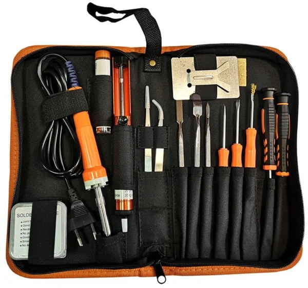 Паяльник электрич.-й с набором инструментов и аксессуаров 17пр(220V,50Hz,60W,пинцет-2шт,крючки-4шт,лопатки-6шт,отвертки-РН000,SL3мм,расходники)в сумке