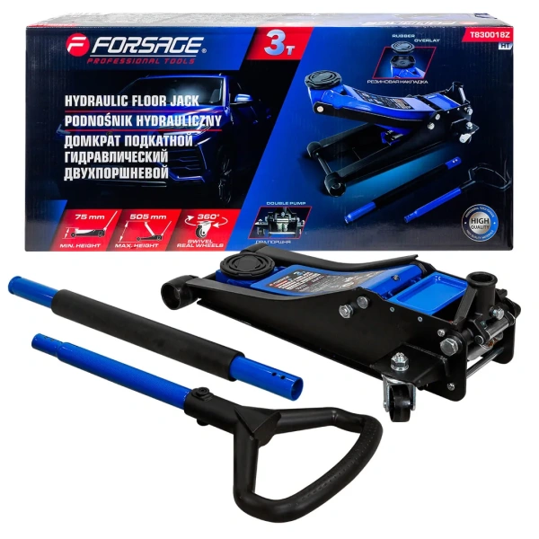 Домкрат подкатной гидравлический низкопрофильный двухпоршневой с резиновой накладкой 3т (h min 75мм, h max 505мм)