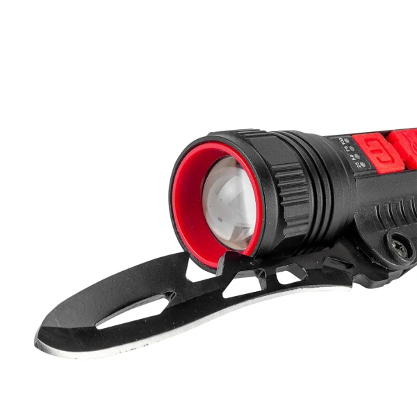 Фонарь светодиодный аккумуляторный с складным ножиком 80мм и аварийным молотком (3 режима работы,1200мАч,250Лм,время раб.2-3ч,время зар.3-4ч,IPX5)