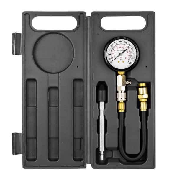Индикатор компрессии бензинового двигателя Profi (0-21Bar, М14, М18 + жесткий прижимной адаптер-переходник) 3пр., в кейсе