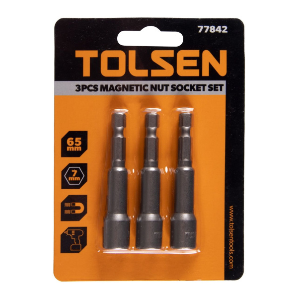Набор головок для шуруповерта шестигранных 1/4", 7 мм, 65 мм, магнитных 3 предмета TOLSEN TT77842