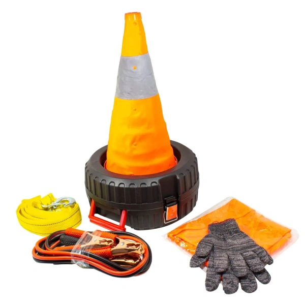 Набор инструментов ''в дорогу''14пр.(трос,стартовые провода,перчатки,жилет,нож,отвертка,изолента,утконосы,молоток,сигнальный фонарь), кейс ''колесо''