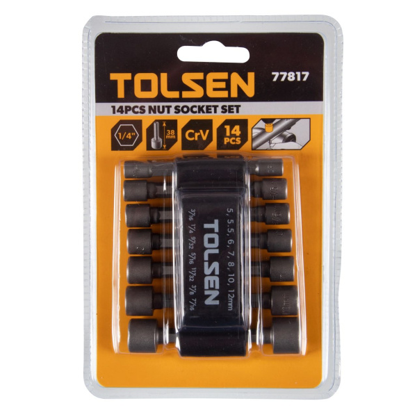Набор головок для шуруповерта шестигранных 1/4" 5-12 мм 3/16"-7/16" 14 предметов TOLSEN TT77817