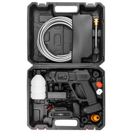 Мойка высокого давления аккумуляторная (21В,15 Бар,2.8 л/мин, батарея 1500 мАч, зарядка 3-5ч, насос аллюминий, щеточный двигатель)