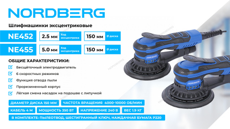 Шлифмашина эксцентриковая NORDBERG NE452 (2,5 мм, диск 150 мм, 4000-10000 об/мин, 350 Вт)