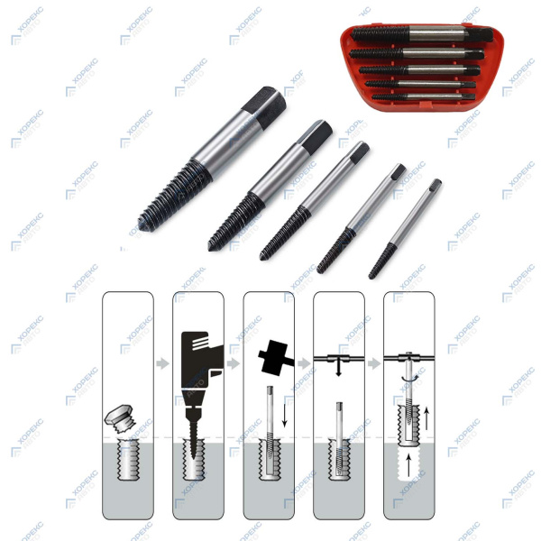 Набор экстракторов для поврежденных болтов 5 предметов (3-19 мм) Хорекс Авто HZ 24.1.061S