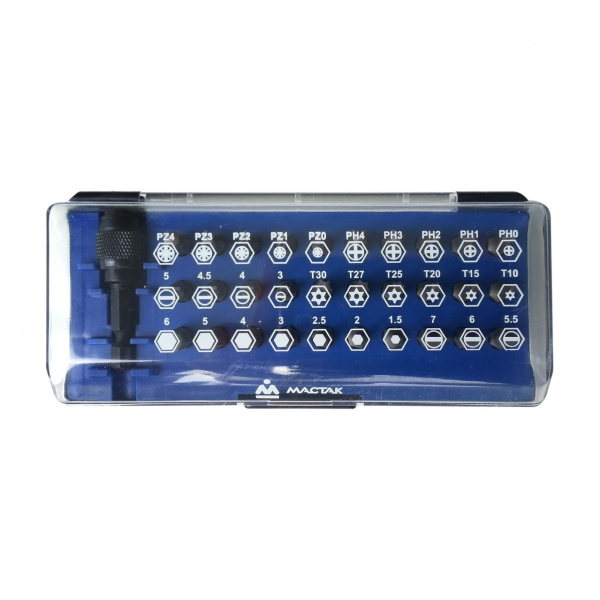 Набор вставок (бит) 1/4" TORX, HEX, PZ, PH, SLOT, 31 предмет МАСТАК 058-00031C