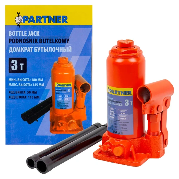 Домкрат бутылочный с клапаном 3т(h min-180мм, h max-345мм, ход штока-115мм, ход винта-50мм)