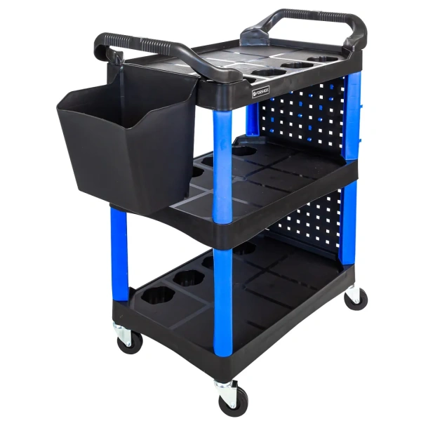 Тележка инструментальная пластиковая г/п 130кг (950х430х840мм, 3 полки, доп. ящик, сетка с крючками, вес 12.5кг)