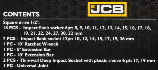 Набор инструментов ударных 32пр.1/2''( 6-гр: 8-32мм, 12гр: 10,12,14,15,17,19,36мм, Cr-Mo)