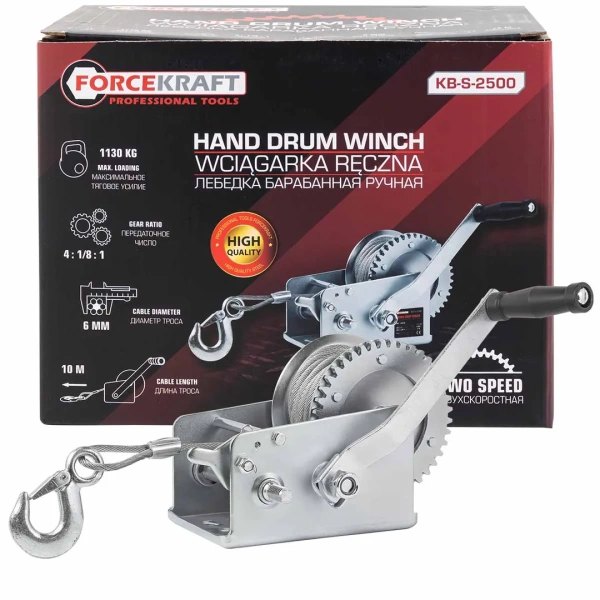Лебедка ручная барабанная, 1130кг(стальной трос, диаметр троса-4.5мм, длина троса-10м ) Лебедка ручная барабанная, 1130кг(стальной трос, диаметр троса-4.5мм, длина троса-10м )