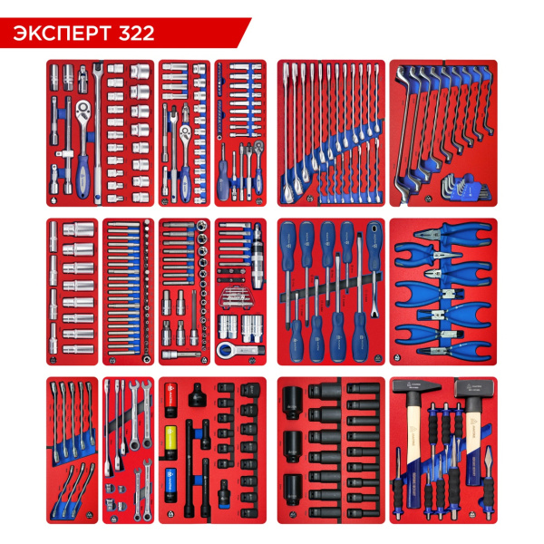 Набор инструментов ЭКСПЕРТ 322 для тележки МАСТАК 5-00322 (16 ложементов, 323 предмета)