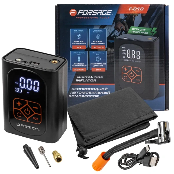 Компрессор поршневой автомобильный беспроводной с цифровым манометром (25л/мин,) F-010