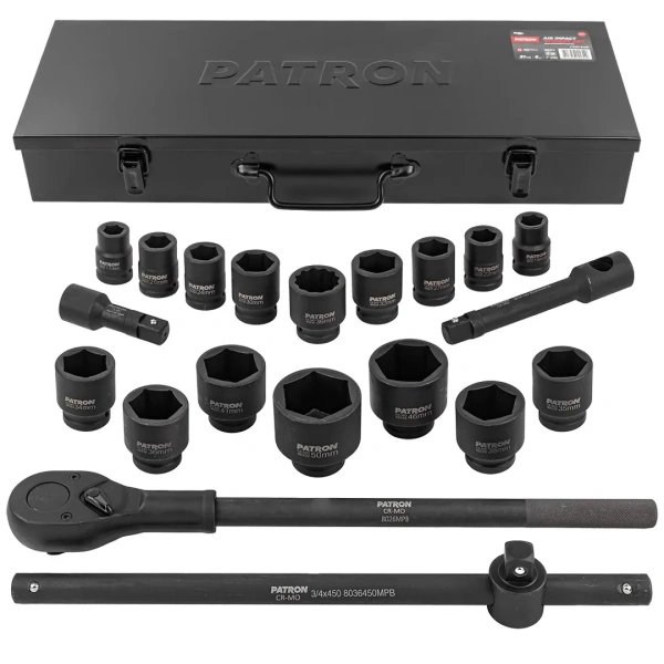 Набор инструментов ударных 21пр, 3/4''(6гр.)(17,19,21,22,24,27,30,32,34,35,36,36-12гр.,38,41,46,50мм), в метал. кейсе