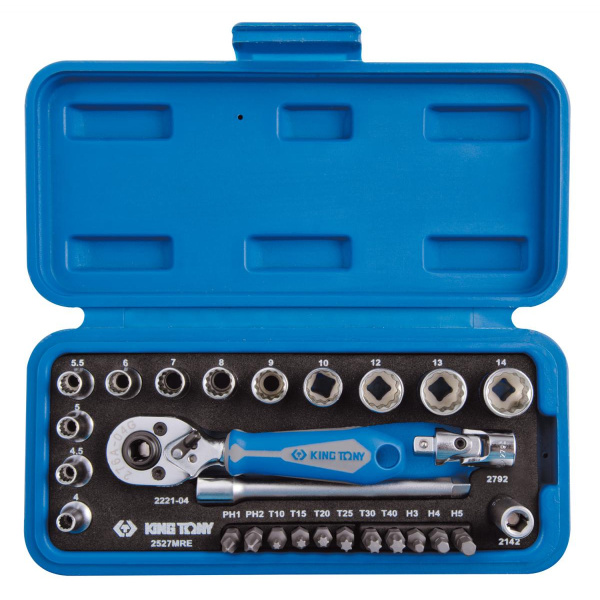 Набор торцевых головок с принадлежностями 1/4", шестигранные, 4-13 мм, 25 предметов KING TONY 2525MRE