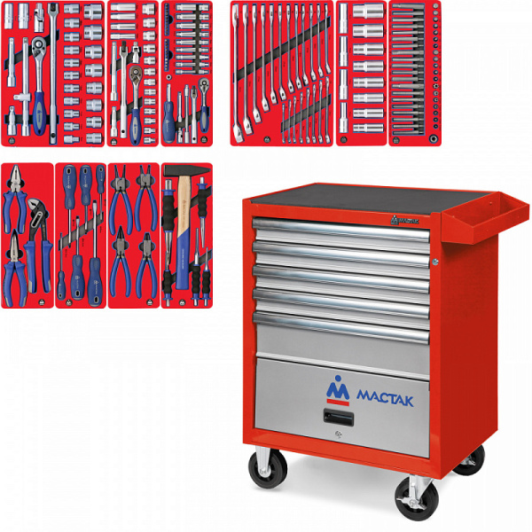 Тележка инструментальная с набором инструментов "СТАНДАРТ" 186 предметов МАСТАК 52-05186R