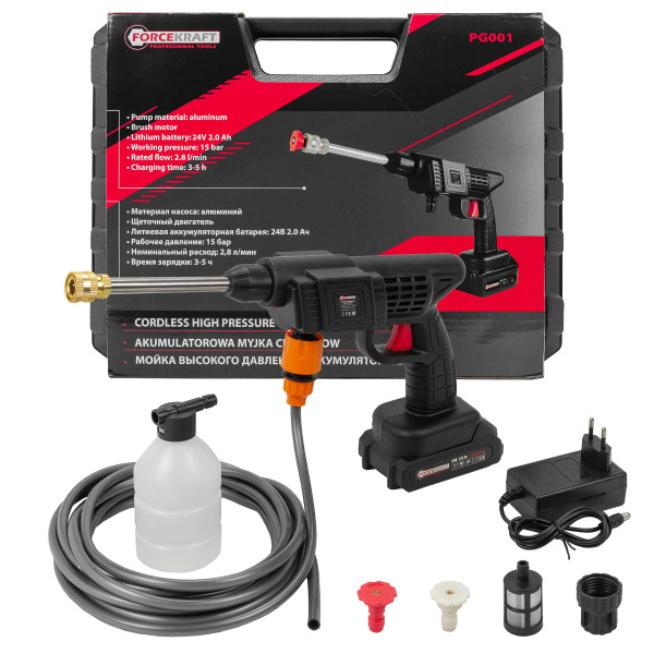 Мойка высокого давления аккумуляторная (21В,15 Бар,2.8 л/мин, батарея 1500 мАч, зарядка 3-5ч, насос аллюминий, щеточный двигатель)
