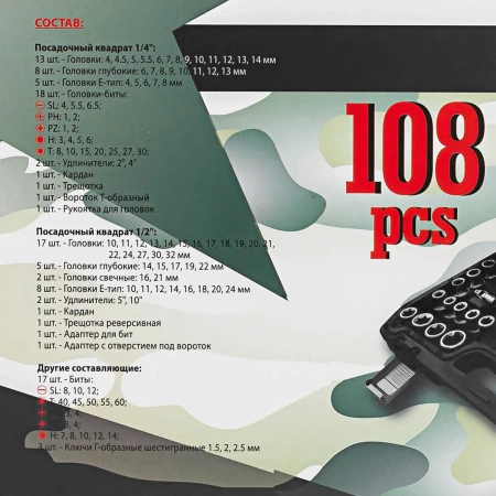Набор инструментов 108пр. 1/2'', 1/4'' (6гр.)(4-32мм)