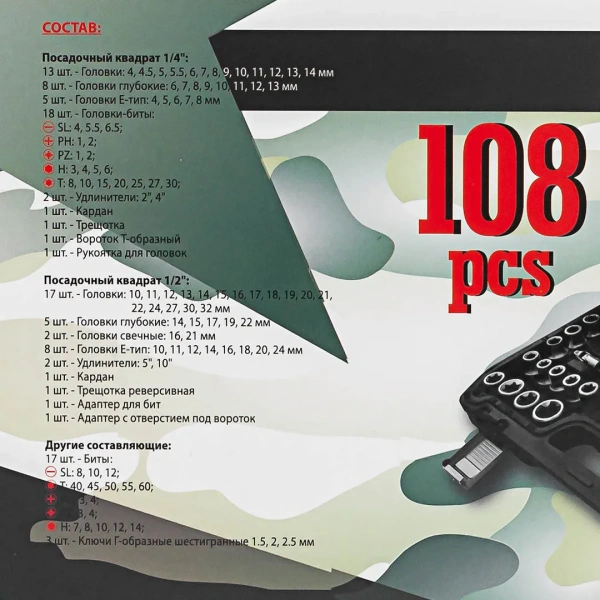 Набор инструментов 108пр. 1/2'', 1/4'' (6гр.)(4-32мм)