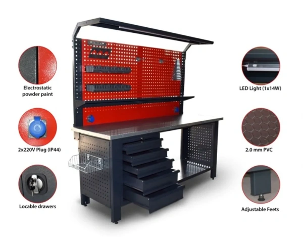 Верстак металический 730х2000х2000мм(столешница 690х2000мм, перфорация 1080х2000мм, боковые перфорации 500х600мм, ящик навесной 5 полок)
