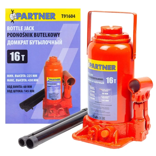 Домкрат бутылочный 16т с клапаном (h min 225мм, h max 430мм, ход штока-145мм, ход винта-60мм)