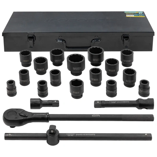 Набор инструментов ударных 21пр, 3/4''(12гр.)(17,19,21,22,24,27,30,32,34,35,36,36-12гр.,38,41,46,50мм), в метал. кейсе