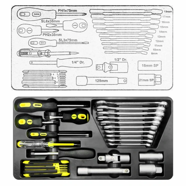 Набор инструментов 253пр. 1/4'', 1/2''6гр. (4-22мм) с комплектом пластиковых ложементов