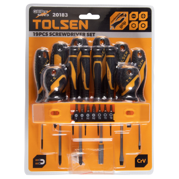 Набор отверток "GRIPro" вставки (биты) подвесной 19 предметов TOLSEN TT20183