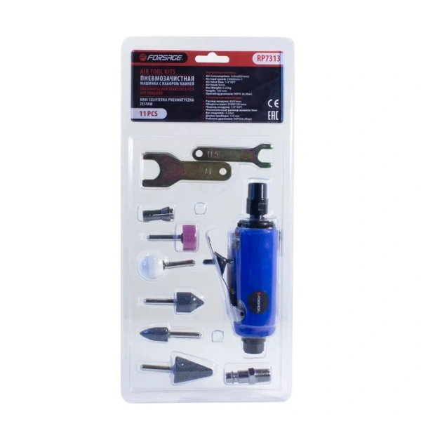 Пневмозачистная машинка с комплектом камней 11пр(цанги:3мм,6мм25000об/мин, 85л/мин,6.3Bar,штуцер 1/4'')