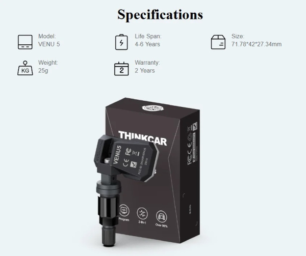 Датчик TPMS зажимной программируемый универсальный металлический THINKCAR VENU 5 (433МГц+315МГц, черный)