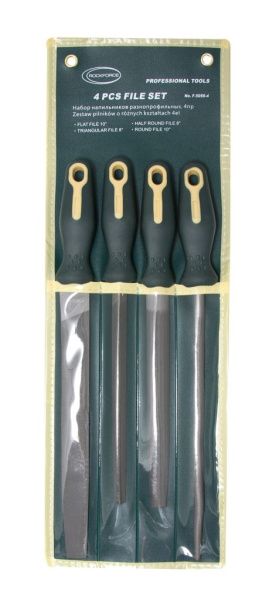 Набор напильников разнопрофильных 4пр.(плоский, круглый: L-250мм, треугольный, полукруглый: L-200мм), на полотне