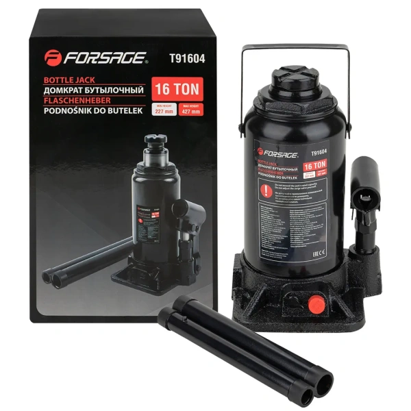 Домкрат гидравлический бутылочный, 16т (с предохранительным клапаном, минимальная высота: 205 мм, ход штока: 125 мм, ход винта: 60 мм, максимальная вы