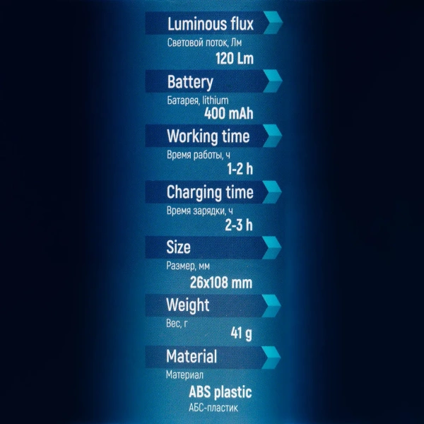 Фонарь ручной аккумуляторный с регулировкой фокуса луча (3 режима работы, аккум. 400мАч, свет.поток 120Лм, время раб. 1-2ч, время зар. 2-3ч, IPX4)