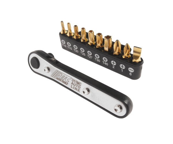 Набор бит с ключом трещоткой JTC U11MC (1/4" SL6, PH1-2, TORX, Т10Н-Т40Н, 11 предметов)
